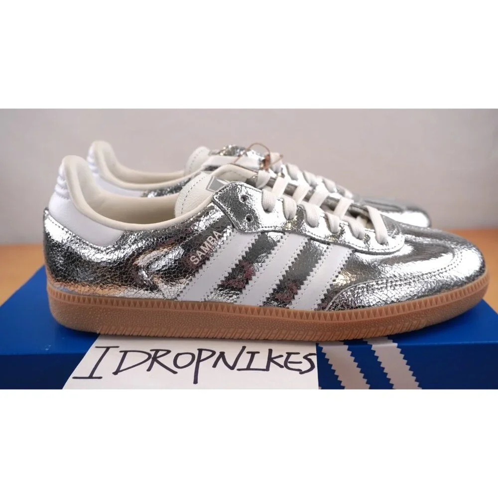 Adidas Samba OG Silver Metallic Cracked Leather Women's Shoes - Picture 8 of 11